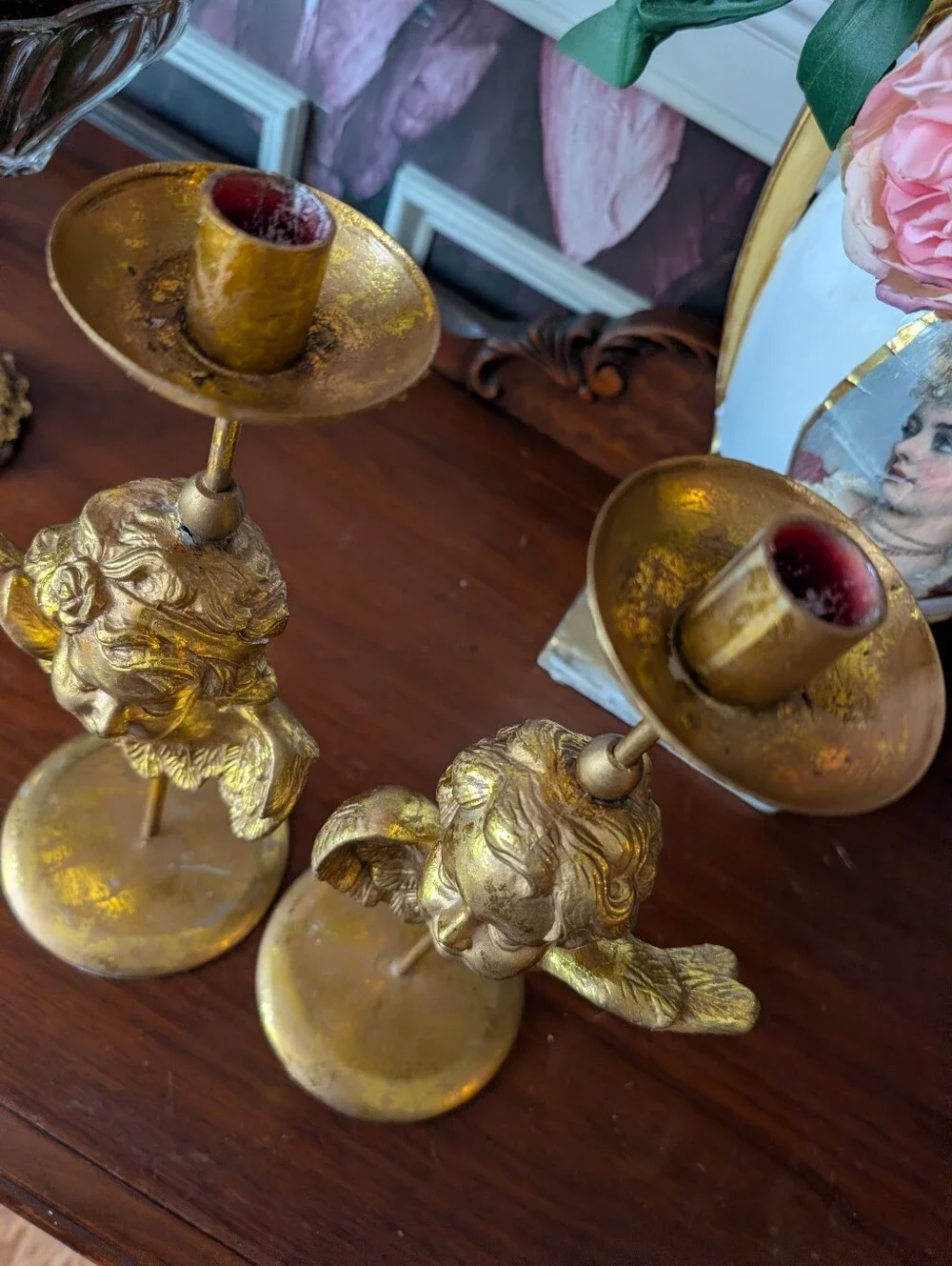 Vintage, set of 2,  Gold gilt metal chalkware cherubs angels candle holders 12